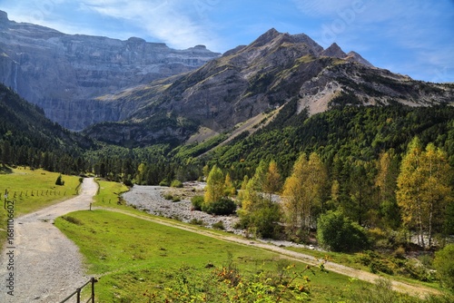 French Pyrenees landscape. Cirque de Gavarnie mountain valley in Pyrenees National Park (French: Parc national des Pyrenees).