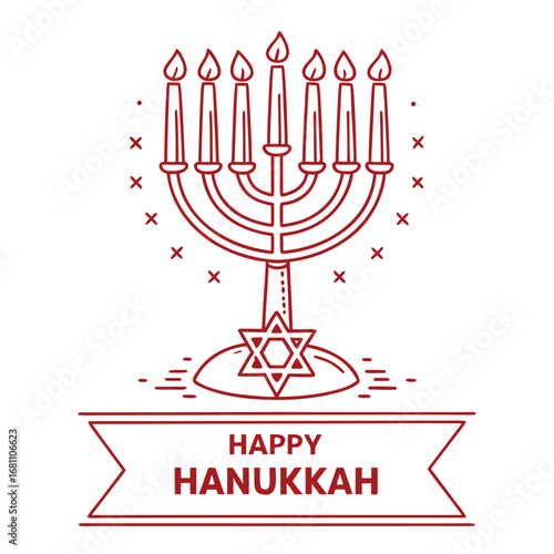 Red outline Hanukkah menorah displays nine candles above a banner wishing happy Hanukkah