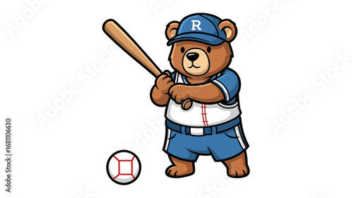 Bear Batter: A cheerful animated bear in a baseball uniform stands ready to swing, showcasing an illustration of playful sportsmanship and animated action.
