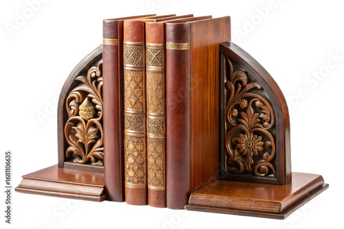 Bilde på lerret Antique wooden bookends supporting vintage leather bound books against a solid t