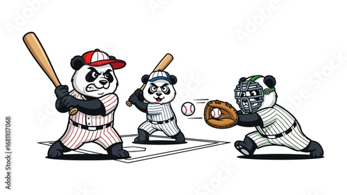 Panda Baseball Game: Three animated panda athletes engaged in a spirited baseball game. The batter readies to hit as the pitcher prepares to throw, while the catcher braces to catch the ball.