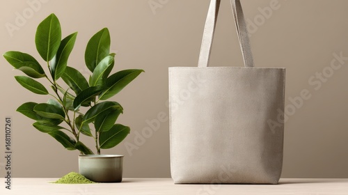 Silver canvas shopping bag mockup styled with matcha accessories and fresh green leaves on neutral background for eco-conscious packaging and branding