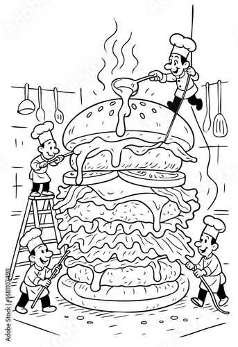 Funny Chefs Making Giant Burger – Cartoon Food Illustration