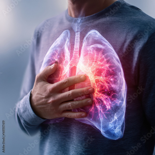 Person holding their chest, looking uncomfortable, lungs visible with congestion, showing difficulty in breathing