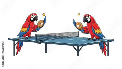 Playful Parrot Table Tennis: A vibrant illustration of two scarlet macaws engaged in a lively table tennis match, demonstrating their playful spirit and athletic flair.