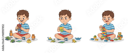 Cute boy playing with robots, origami, and building blocks cartoon vector illustration
