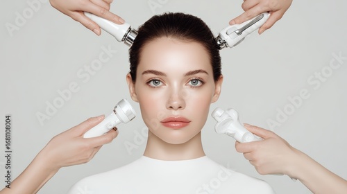 Neutral-faced woman surrounded by multiple hands holding advanced skincare tools in a clean white studio, captured with soft balanced light, perfect for promoting aesthetic treatments and beauty tech.