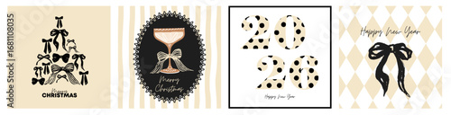 Merry Christmas and Happy 2026 New Year greeting card Set. Modern beautiful Xmas design with Christmas tree with red bow, champagne glass and bows. Minimal art banner, poster, cover