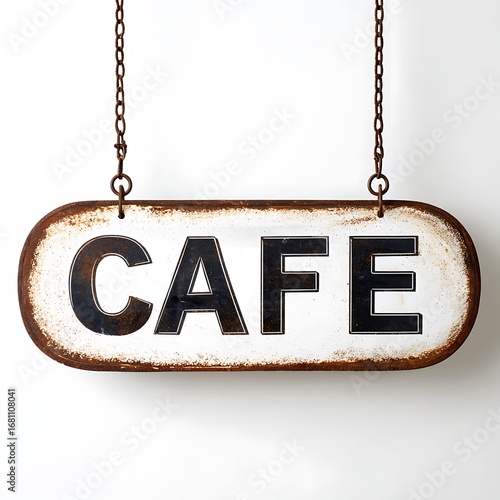 Vintage oval cafe sign hanging by chains