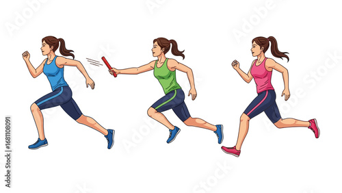 Relay Race Dynamic:Capturing the energy and spirit of athletic teamwork, three vibrant figures engage in a relay race, symbolizing the passage of a baton, a visual feast of human endeavor.
