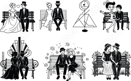 Vintage and modern couples sitting on benches, showcasing love, companionship, and romantic moments in various artistic and stylized forms