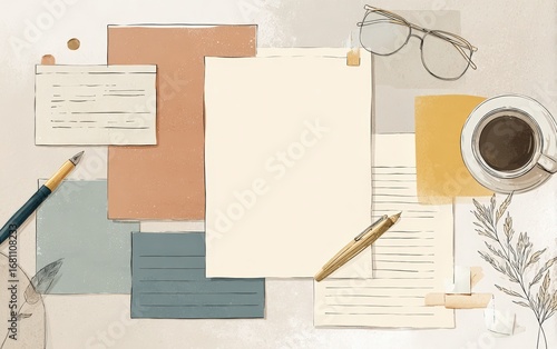 Minimalist vector illustration of a cute writing paper sticker with clean lines and playful pastel details, perfect for digital note templates, printable stationery, and modern planner pages