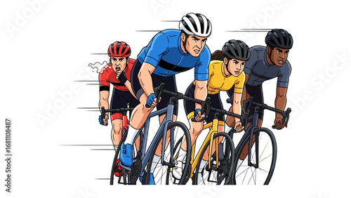 Cyclists Race: A dynamic illustration of a cycling race, capturing the fierce determination and swift movement of competitors in vibrant attire and gear, vying for victory.