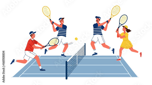 Dynamic Tennis Match Illustration: Illustrative depiction captures the essence of a spirited tennis match with athletes poised for action on the court.