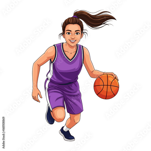 Dynamic Dunker: Capturing the spirit of determination, a skilled female basketball player dribbles with finesse. Embodying the joy of sports, this illustration showcases active lifestyle.