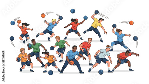 Dodgeball Action: A dynamic illustration showcases individuals engaged in a spirited dodgeball game. Capturing the essence of action, teamwork, and fun.