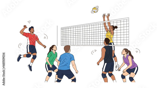Volleyball Action: dynamic illustration depicting a volley ball game, with players leaping for the spike, net in the center. Illustrating active sportsmanship, team strategy and powerful competition