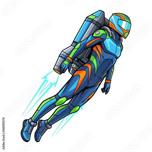 Soaring Pilot of the Future: A futuristic astronaut, donned in a sleek, form-fitting suit and helmet, defies gravity with a powerful jetpack.