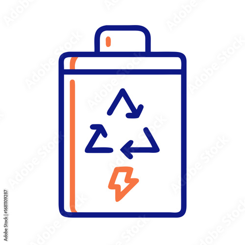 Stylized battery disposal icon with recycling symbol and lightning bolt in flat design
