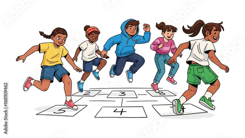 Hopscotch Joy: A vibrant illustration capturing the carefree spirit of childhood, as a diverse group of kids play hopscotch outdoors, demonstrating joy and camaraderie.