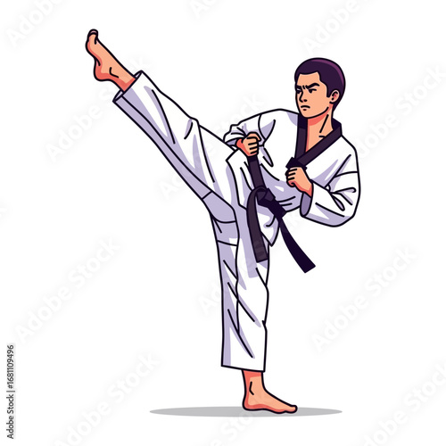 Dynamic Martial Arts Display: A disciplined martial artist executes a powerful sidekick, showcasing the grace and strength of their craft, with a focused gaze and impeccable form.