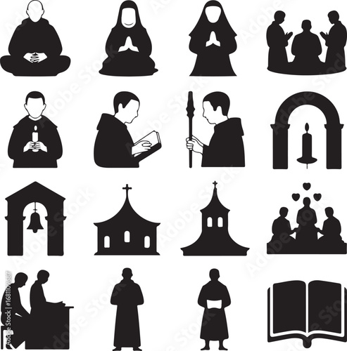 Religious figures and symbols in silhouette format Keywords: religion, religious, monk, nun