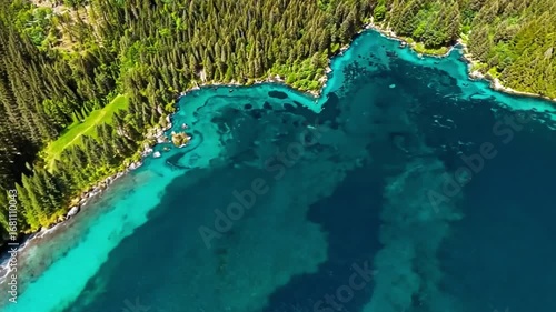 Aerial View of Turquoise Lake and Lush Forest