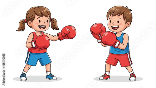 Boxing Kids: A vivid illustration captures two enthusiastic children, donned in boxing gloves and vibrant attire, engaged in playful boxing action, radiating energy and sporty spirit.
