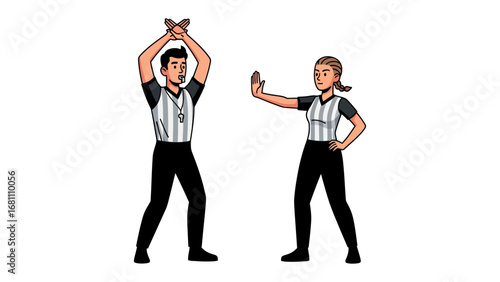 Referees' Decision: Two referees making a call in a sporting match, one with arms crossed, and the other signaling a stop. Illustrated with clarity and impact.