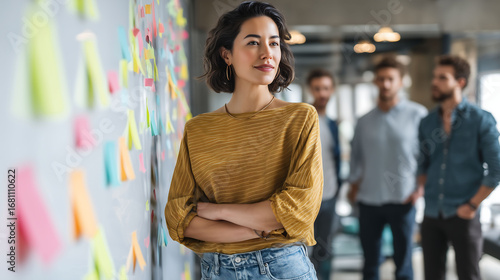 Confident Businesswoman Leading a Creative Team Brainstorming with Sticky Notes
