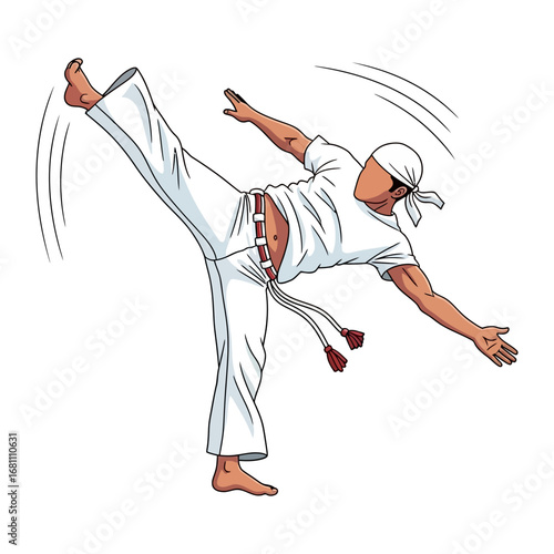 Dynamic Martial Artist in Motion: An illustrated martial artist, captures a Capoeira movement, performing a dynamic acrobatic kick, against a vibrant background of flowing energy lines.