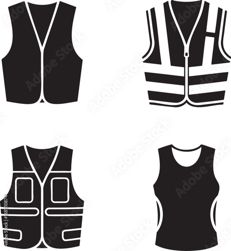 Safety Vest Silhouettes Set in 2x2 Grid – Vector Icons of Reflective, Utility, Protective, and Sports Vests on White Background