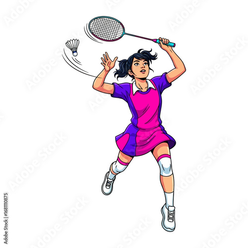 Shuttlecock Action: An illustration of a female athlete in dynamic action, poised to smash a shuttlecock with her badminton racket, showcasing athleticism and intense competition.