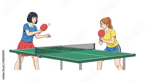 Table Tennis Showdown: Witness the thrill of a table tennis match unfold, as two female athletes engage in an intense rally. Experience the energy and precision as they skillfully maneuver.