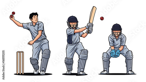 Cricket Players in Action: Capturing the essence of a high-energy cricket match, this illustration showcases three key moments - a bowler in the midst of delivering a ball, a batsman poised to strike.