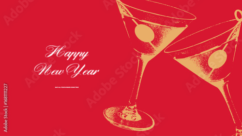 Martini glasses with olives. Retro photocopy artwork with stipple shading. Gritty halftone dots and noisy threshold texture. Happy New Year 90s style post card