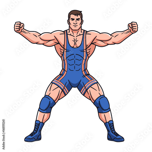 Muscular Wrestler: A powerful wrestler in athletic attire strikes a bold pose, showcasing impressive strength and physique. 