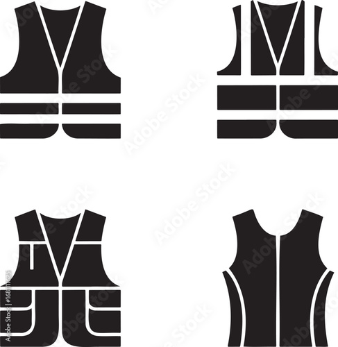 Safety Vest Silhouettes Set in 2x2 Grid – Vector Icons of Reflective, Utility, Protective, and Sports Vests on White Background