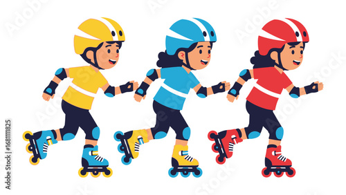 Roller Skating Trio in Motion: Three children, each donned in vibrant safety gear, skate forward with joyous determination, creating a dynamic depiction of childhood enjoyment and adventure.