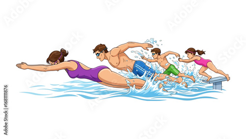 Family Aquatic Endeavor: A family of four dives into the invigorating embrace of water, embodying unity and active living as they embark on a shared aquatic adventure.