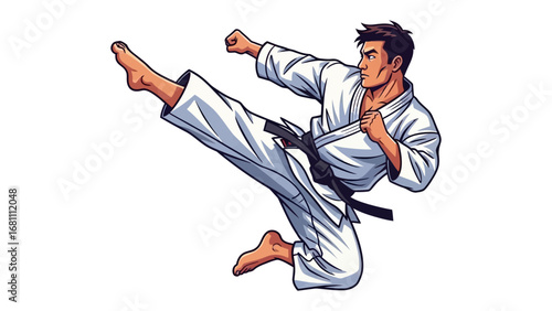 Karate practitioner's dynamic pose : A striking vector image showcases a focused martial arts practitioner executing a powerful kick. This illustration captures the fluidity, strength.