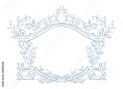 Wedding frame. Wedding crest in classic style. Vintage frame with floral ornament. Victorian frame for wedding invitation, card, emblem, cover, banner, save the date, monogram frame. Hand drawn design