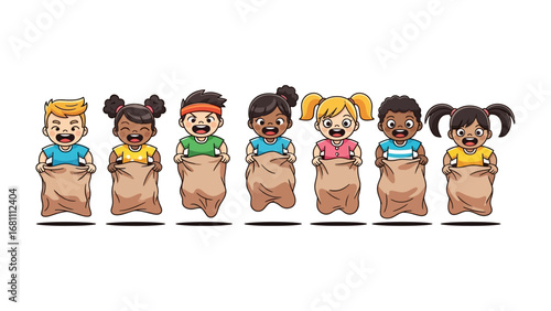 Sack Race Fun: A group of diverse children jump forward in a joyous sack race.
