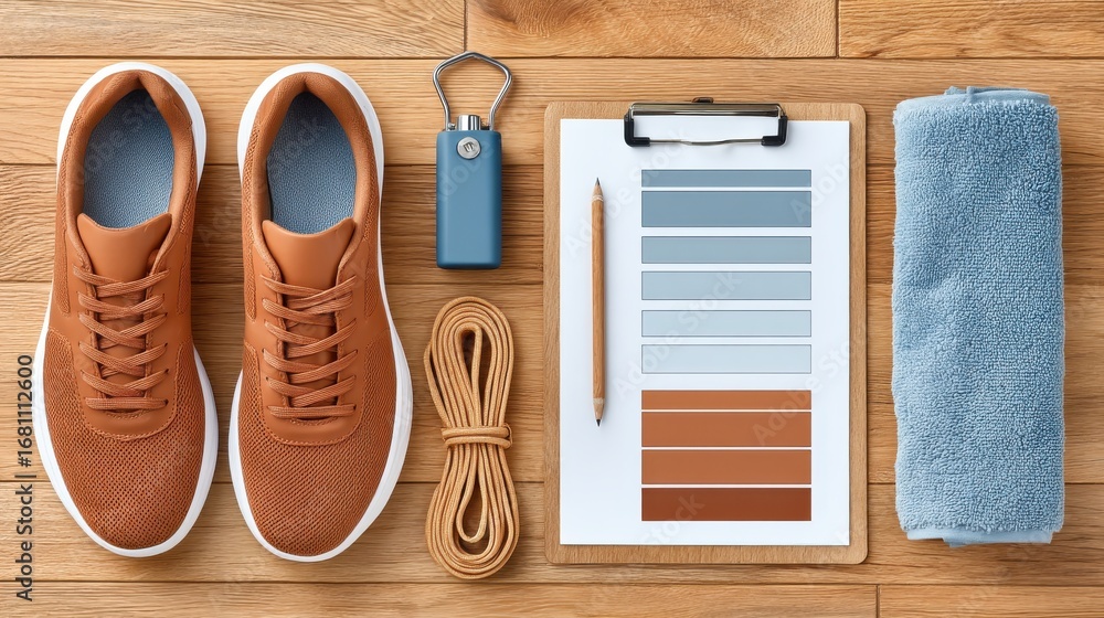 custom made wallpaper toronto digitalOrganized fitness items with brown sneakers on a wooden floor
