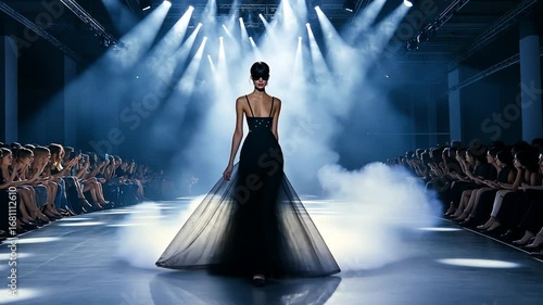 Fashion show runway model in black gown