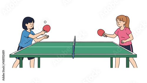 Competitive Table Tennis Match: Two young players engaged in a thrilling ping pong match, their eyes locked on the ball as they showcase athleticism and the spirit of competition.