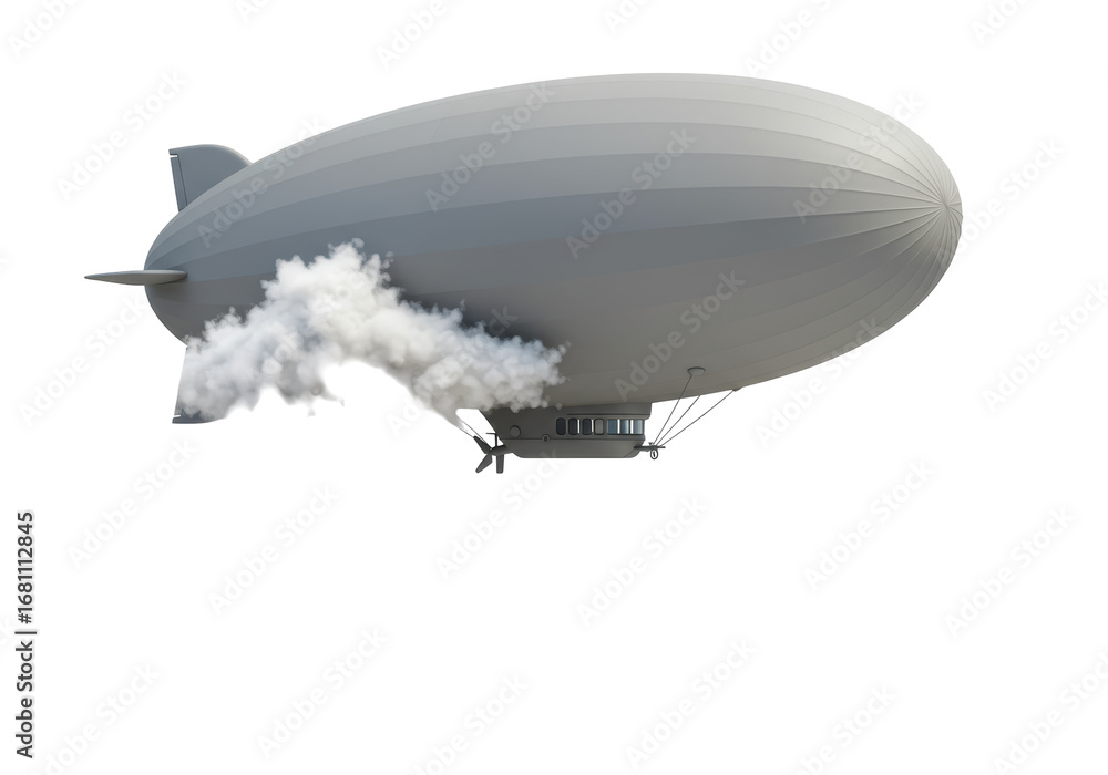 Fototapeta premium Isolated Dirigible airship with cloud of smoke floating near the ground, on no background