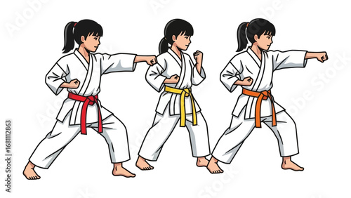 Karate Practice: A group of young girls practicing karate, their focused expressions and dynamic poses. Capturing the spirit of discipline and dedication in the art of karate.