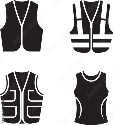 Safety Vest Silhouettes Set in 2x2 Grid – Vector Icons of Reflective, Utility, Protective, and Sports Vests on White Background