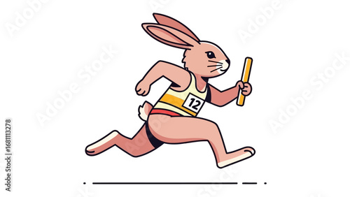 Hare Runner: A determined hare sprints forward, holding a baton, ready to take charge of the next leg of the relay, exuding energy and determination.